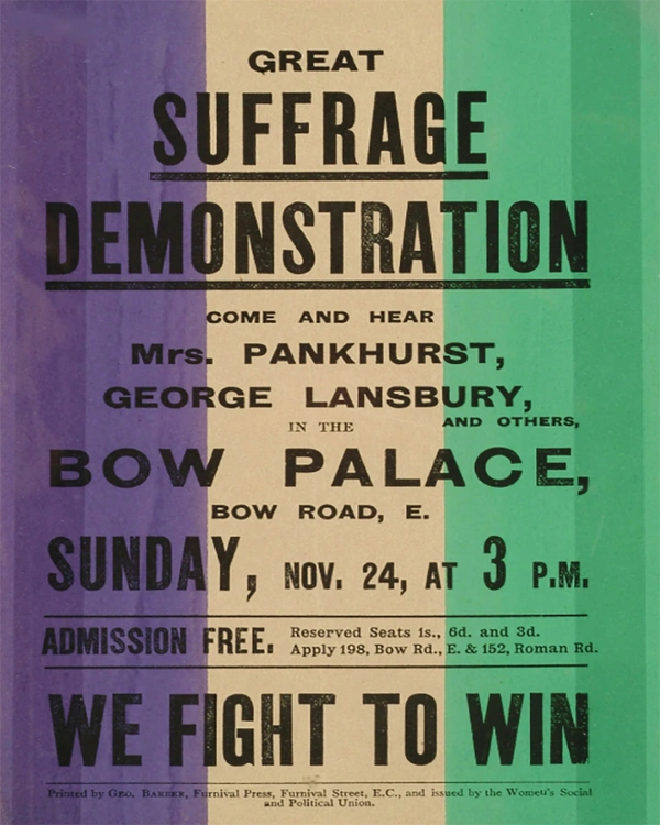Historic 'Great Suffrage Demonstration' poster printed by Furnival Press, Furnival Street